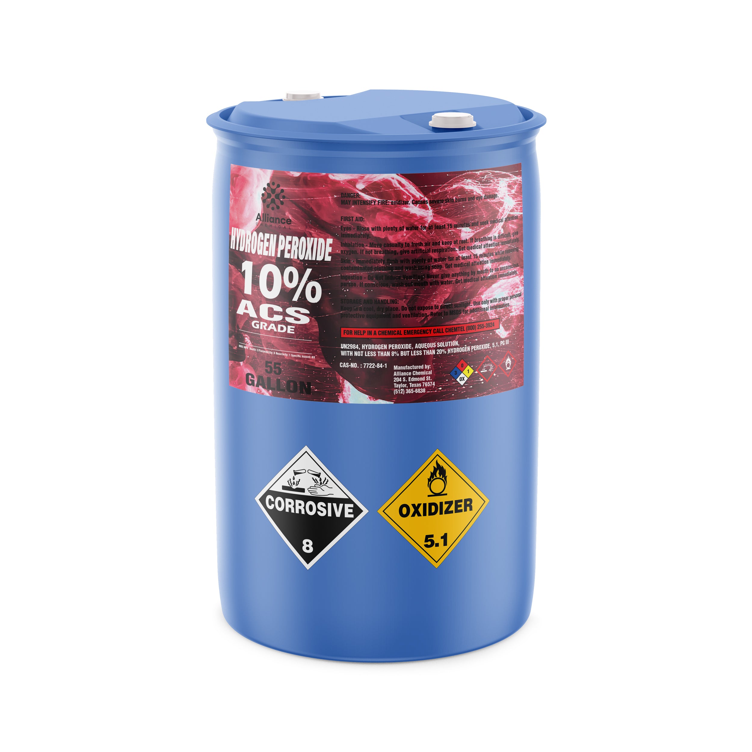 55-gallon blue drum of 10% ACS-grade hydrogen peroxide featuring corrosive (8) and oxidizer (5.1) hazard symbols, with secure double-cap closure system.